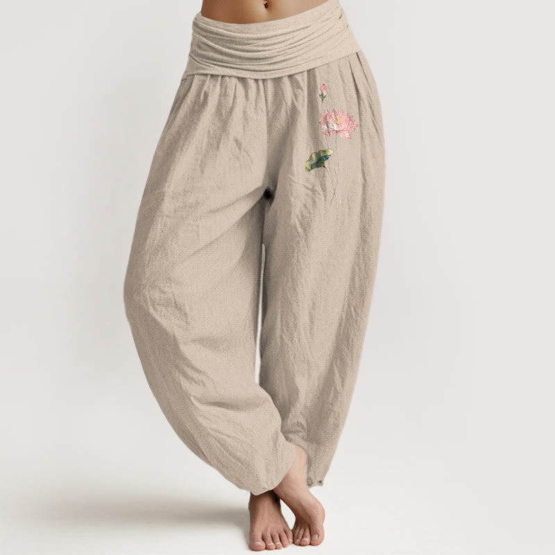 Pantaloni harem in puro cotone con elastico in vita, motivo con foglie di loto e fiori di loto rosa Buddha Stones - Abbronzatura - US16, UK/AU20, EU48 (3XL) - image 11