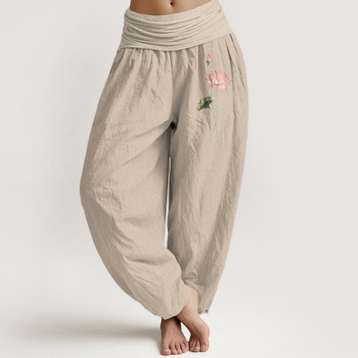 Pantaloni harem in puro cotone con elastico in vita, motivo con foglie di loto e fiori di loto rosa Buddha Stones - Abbronzatura - US16, UK/AU20, EU48 (3XL) - image 11