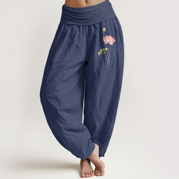 Pantaloni harem in puro cotone con elastico in vita, motivo con foglie di loto e fiori di loto rosa Buddha Stones - DarkSlateBlue - US16, UK/AU20, EU48 (3XL) - image 8