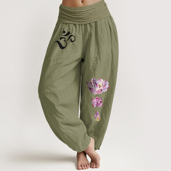 Pantaloni harem da donna in puro cotone con elastico in vita e motivo Buddha Stones, loto in fiore e simbolo Om - Verde oliva - US16, UK/AU20, EU48 (3XL) - image 14