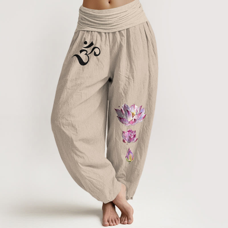 Pantaloni harem da donna in puro cotone con elastico in vita e motivo Buddha Stones, loto in fiore e simbolo Om - Tan - US16, UK/AU20, EU48 (3XL) - image 11
