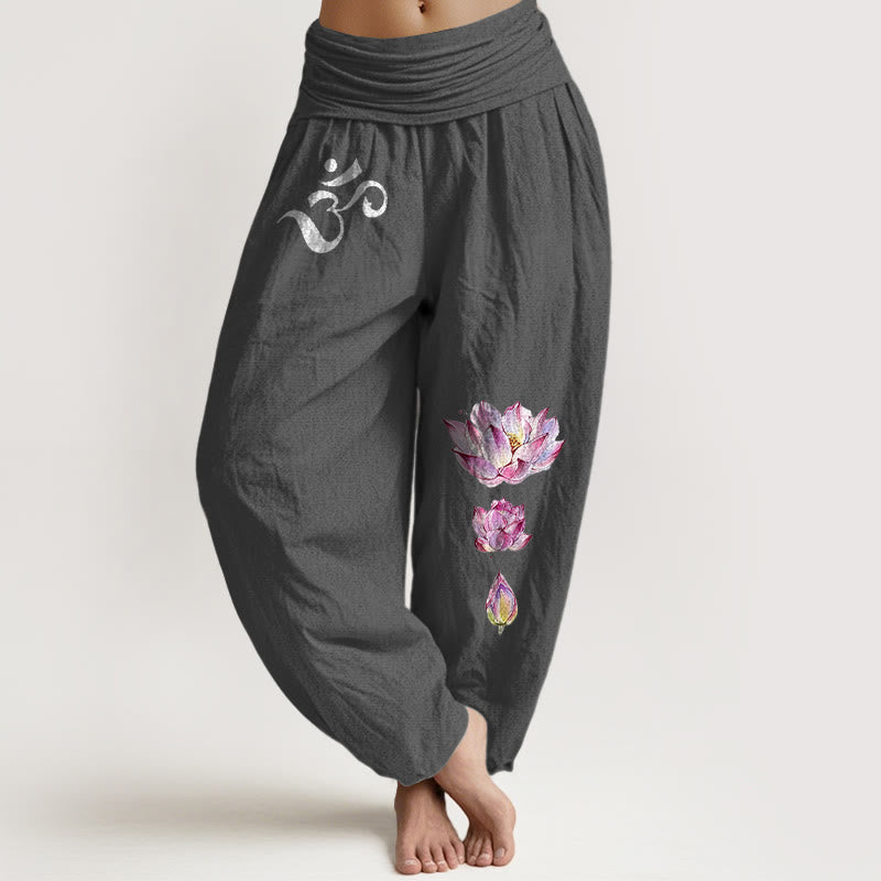 Pantaloni harem da donna in puro cotone con elastico in vita e motivo Buddha Stones, loto in fiore e simbolo Om - Grigio tenue - US16, UK/AU20, EU48 (3XL) - image 8