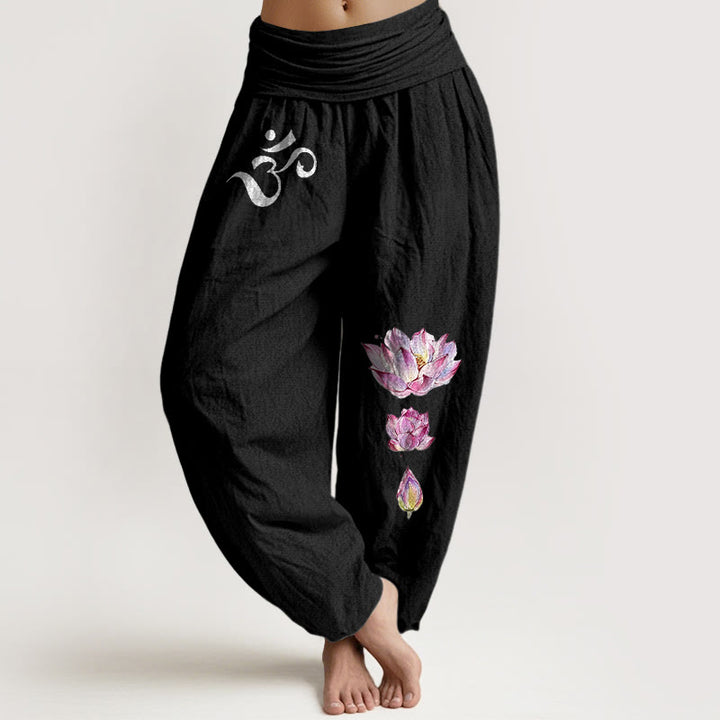 Pantaloni harem da donna in puro cotone con elastico in vita e motivo Buddha Stones, loto in fiore e simbolo Om - Nero - US16, UK/AU20, EU48 (3XL) - image 0