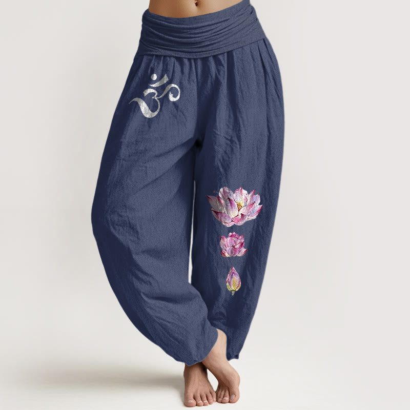 Pantaloni harem da donna in puro cotone con elastico in vita e motivo Buddha Stones, loto in fiore e simbolo Om - DarkSlateBlue - US16, UK/AU20, EU48 (3XL) - image 5