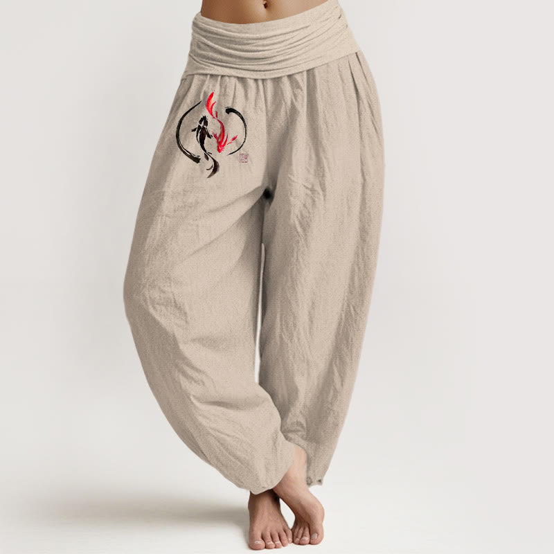 Pantaloni harem in puro cotone con elastico in vita e motivo a pesce koi Buddha Stones Yin Yang - Abbronzatura - US16, UK/AU20, EU48 (3XL) - image 0