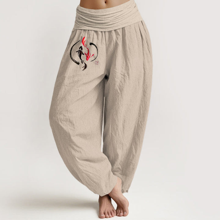 Pantaloni harem in puro cotone con elastico in vita e motivo a pesce koi Buddha Stones Yin Yang - Abbronzatura - US16, UK/AU20, EU48 (3XL) - image 0