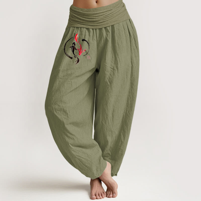 Pantaloni harem in puro cotone con elastico in vita e motivo a pesce koi Buddha Stones Yin Yang - Verde oliva - US16, UK/AU20, EU48 (3XL) - image 14