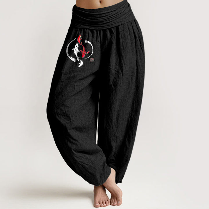 Pantaloni harem in puro cotone con elastico in vita e motivo a pesce koi Buddha Stones Yin Yang - Nero - US16, UK/AU20, EU48 (3XL) - image 5