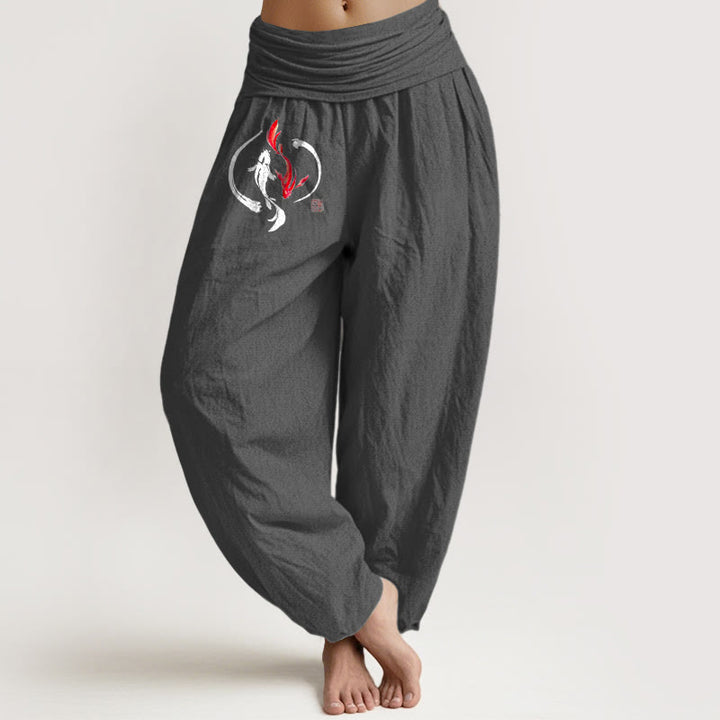 Pantaloni harem in puro cotone con elastico in vita e motivo a pesce koi Buddha Stones Yin Yang - Grigio scuro - US16, UK/AU20, EU48 (3XL) - image 11