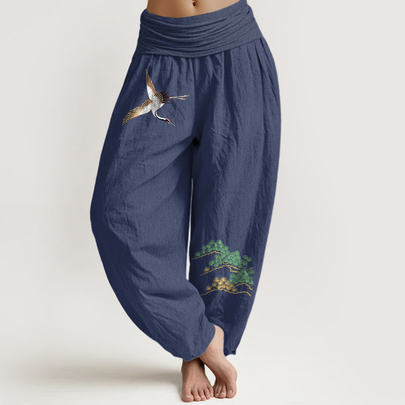 Pantaloni harem con elastico in vita e motivo a gru e pino in puro cotone da donna Buddha Stones - DarkSlateBlue - US16, UK/AU20, EU48 (3XL) - image 0