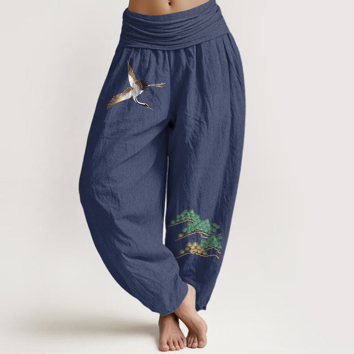 Pantaloni harem con elastico in vita e motivo a gru e pino in puro cotone da donna Buddha Stones - DarkSlateBlue - US16, UK/AU20, EU48 (3XL) - image 0