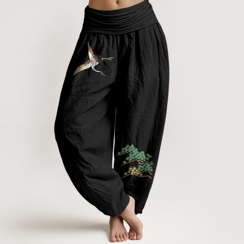 Pantaloni harem con elastico in vita e motivo a gru e pino in puro cotone da donna Buddha Stones - Nero - US16, UK/AU20, EU48 (3XL) - image 5