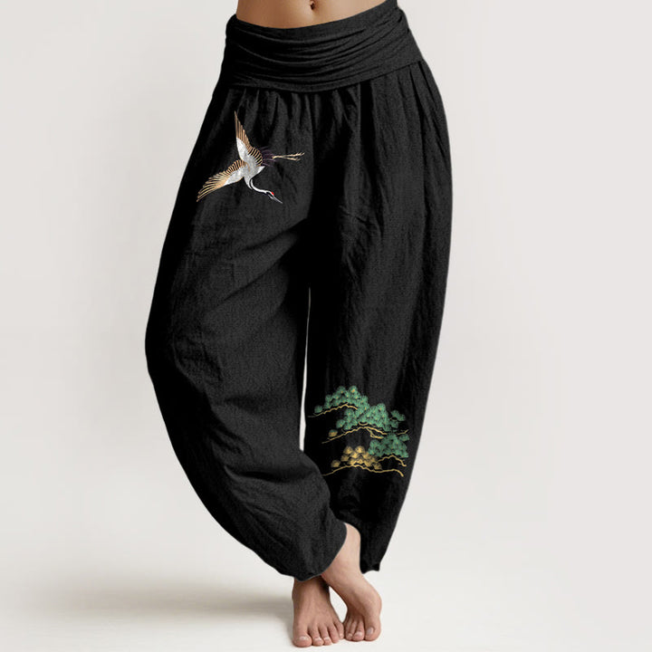 Pantaloni harem con elastico in vita e motivo a gru e pino in puro cotone da donna Buddha Stones - Nero - US16, UK/AU20, EU48 (3XL) - image 5