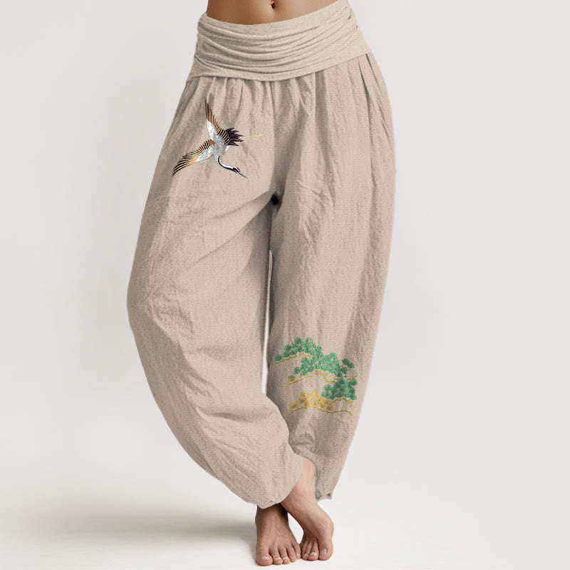 Pantaloni harem con elastico in vita e motivo a gru e pino in puro cotone da donna Buddha Stones - Abbronzatura - US16, UK/AU20, EU48 (3XL) - image 11