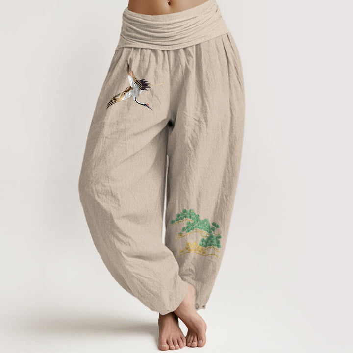 Pantaloni harem con elastico in vita e motivo a gru e pino in puro cotone da donna Buddha Stones - Abbronzatura - US16, UK/AU20, EU48 (3XL) - image 11