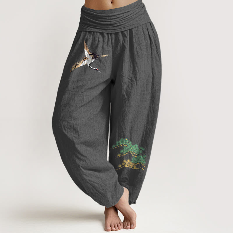 Pantaloni harem con elastico in vita e motivo a gru e pino in puro cotone da donna Buddha Stones - Grigio scuro - US16, UK/AU20, EU48 (3XL) - image 8