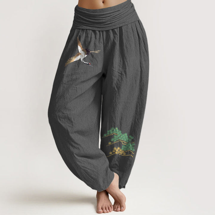 Pantaloni harem con elastico in vita e motivo a gru e pino in puro cotone da donna Buddha Stones - Grigio scuro - US16, UK/AU20, EU48 (3XL) - image 8