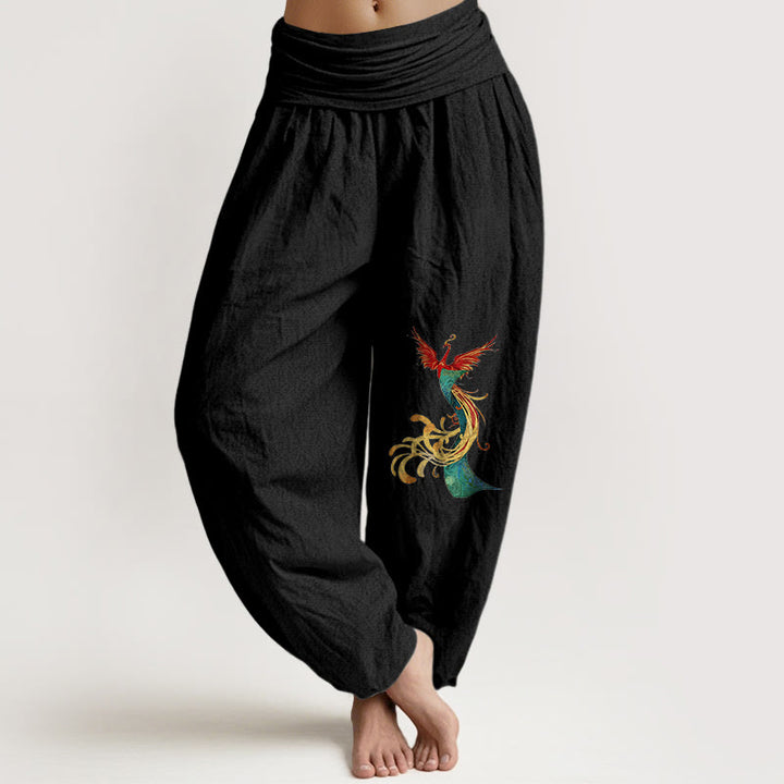 Pantaloni harem con elastico in vita e motivo fenice colorato in puro cotone da donna Buddha Stones - Nero - US16, UK/AU20, EU48 (3XL) - image 0