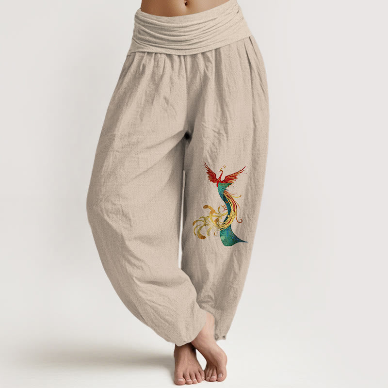 Pantaloni harem con elastico in vita e motivo fenice colorato in puro cotone da donna Buddha Stones - Abbronzatura - US16, UK/AU20, EU48 (3XL) - image 11