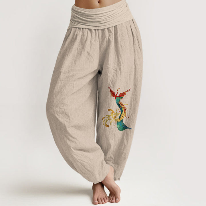 Pantaloni harem con elastico in vita e motivo fenice colorato in puro cotone da donna Buddha Stones - Abbronzatura - US16, UK/AU20, EU48 (3XL) - image 11