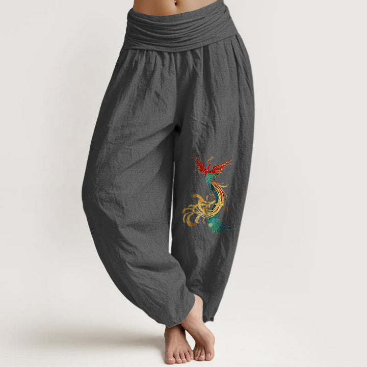 Pantaloni harem con elastico in vita e motivo fenice colorato in puro cotone da donna Buddha Stones - Grigio scuro - US16, UK/AU20, EU48 (3XL) - image 8