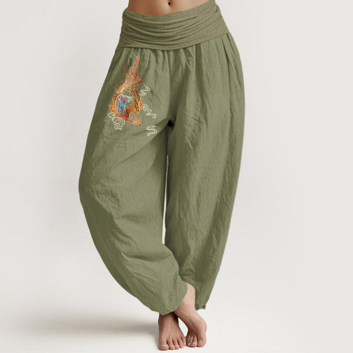 Pantaloni harem con elastico in vita e motivo a nuvola di buon auspicio in puro cotone da donna Buddha Stones - Verde oliva - US16, UK/AU20, EU48 (3XL) - image 14