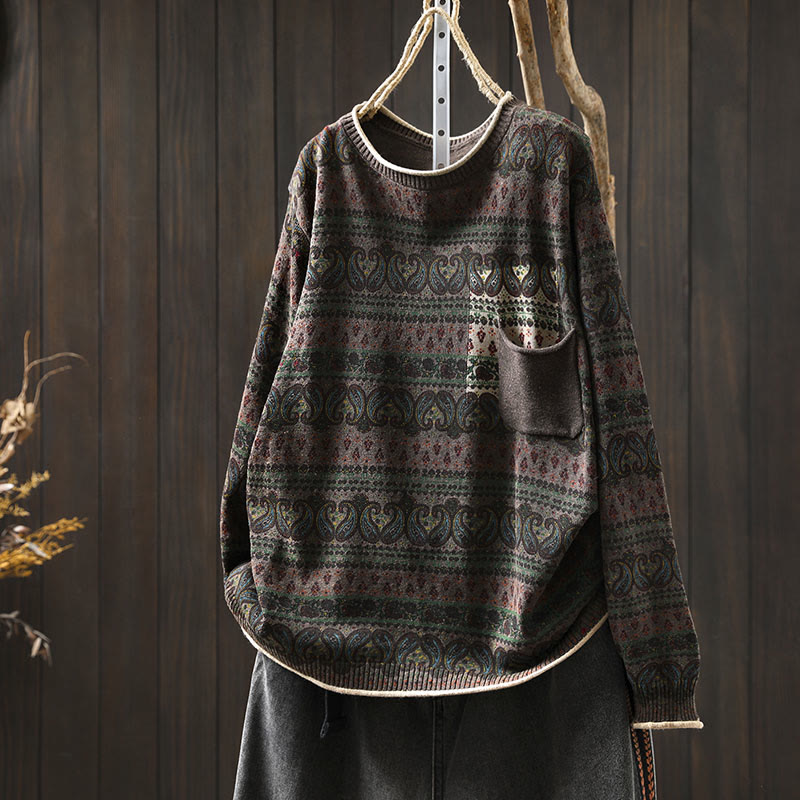Maglione da donna in cotone con scollo rotondo, manica lunga, motivo floreale autunnale con motivo Buddha Stones Plant e tasca - Marrone sella - US4， UK/AU8，EU36-38 (F) - image 17