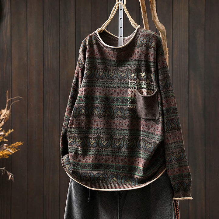 Maglione da donna in cotone con scollo rotondo, manica lunga, motivo floreale autunnale con motivo Buddha Stones Plant e tasca - Marrone sella - US4， UK/AU8，EU36-38 (F) - image 17