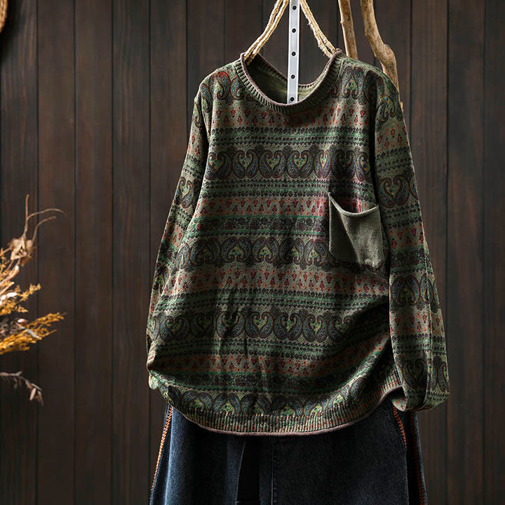 Maglione da donna in cotone con scollo rotondo, manica lunga, motivo floreale autunnale con motivo Buddha Stones Plant e tasca - Verde oliva scuro - US4， UK/AU8，EU36-38 (F) - image 15