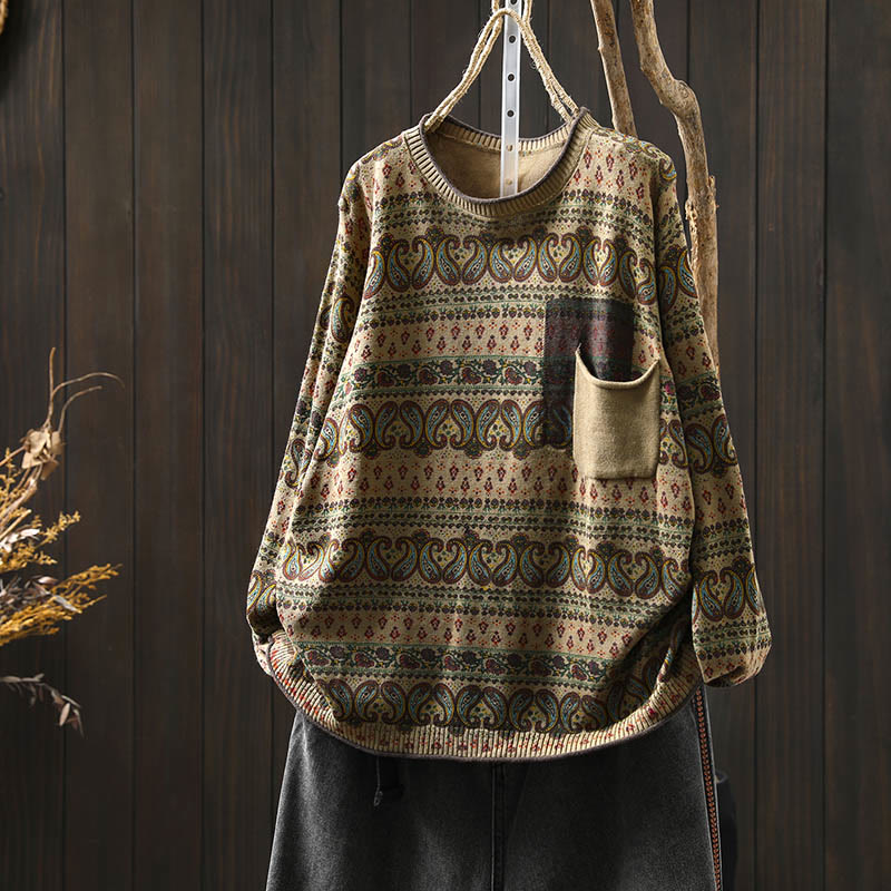 Maglione da donna in cotone con scollo rotondo, manica lunga, motivo floreale autunnale con motivo Buddha Stones Plant e tasca - DarkKhaki - US4， UK/AU8，EU36-38 (F) - image 13