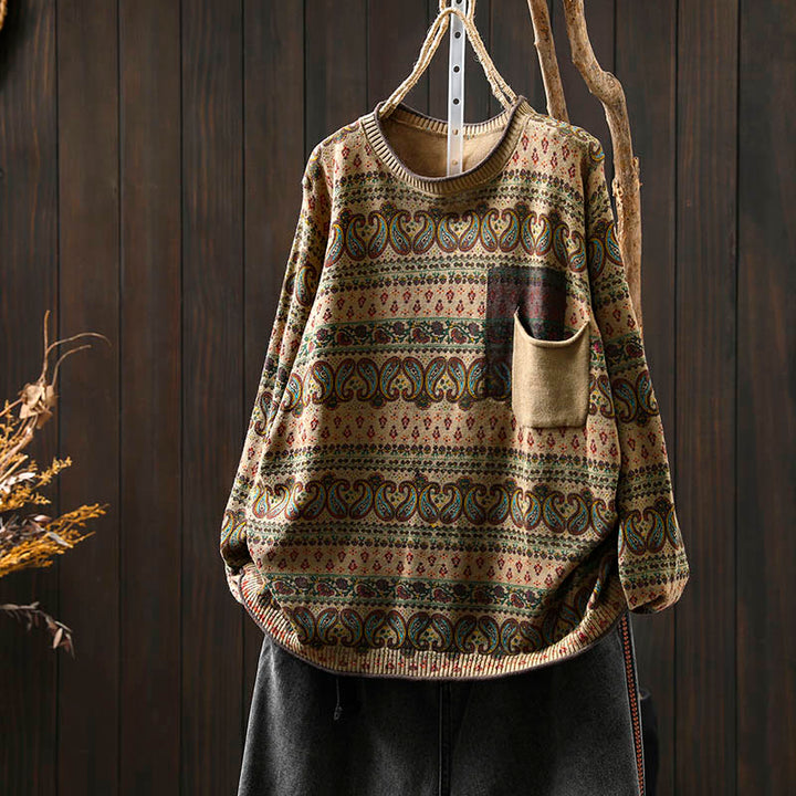 Maglione da donna in cotone con scollo rotondo, manica lunga, motivo floreale autunnale con motivo Buddha Stones Plant e tasca - Cachi scuro - US4， UK/AU8，EU36-38 (F) - image 13
