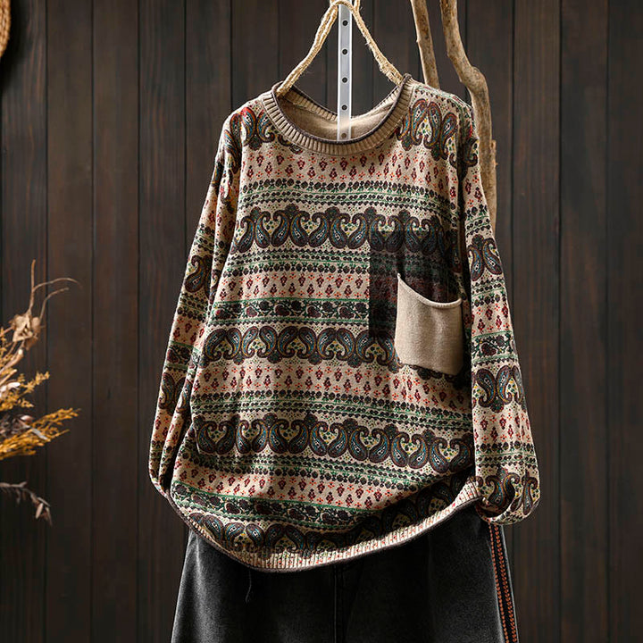 Maglione da donna in cotone con scollo rotondo, manica lunga, motivo floreale autunnale con motivo Buddha Stones Plant e tasca - Bianco antico - US4， UK/AU8，EU36-38 (F) - image 0