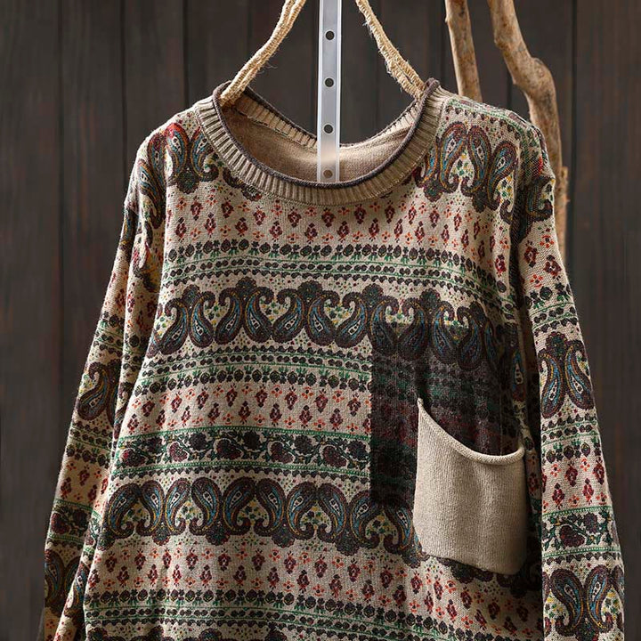 Maglione da donna in cotone con scollo rotondo, manica lunga, motivo floreale autunnale con motivo Buddha Stones Plant e tasca - image 1