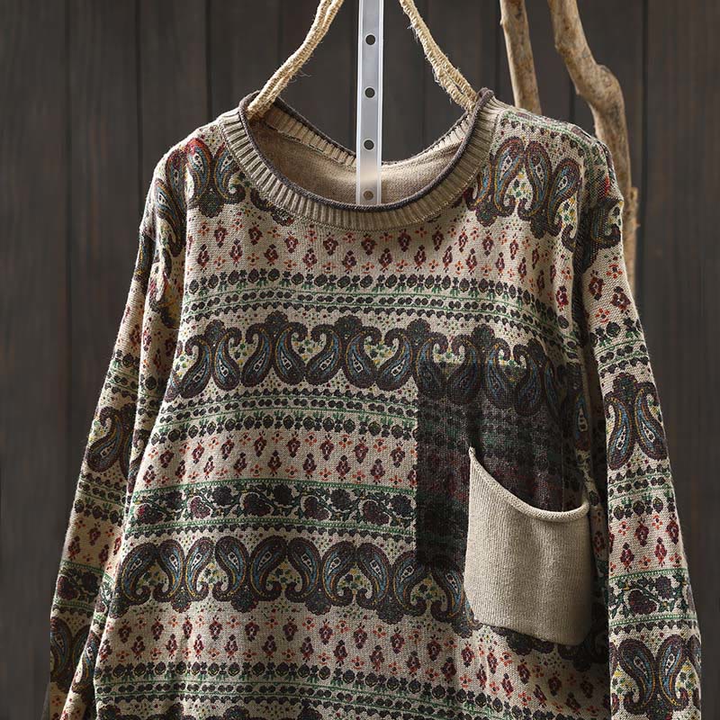 Maglione da donna in cotone con scollo rotondo, manica lunga, motivo floreale autunnale con motivo Buddha Stones Plant e tasca - image 1