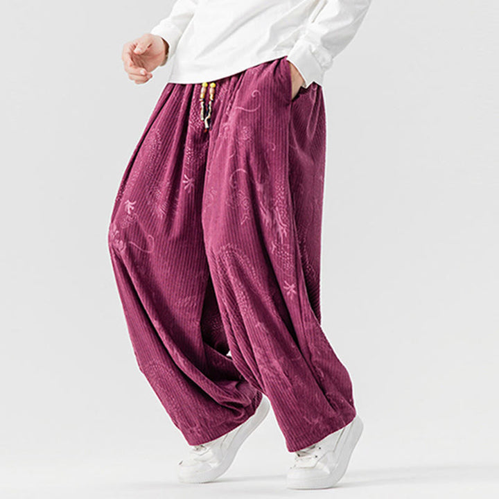 Pantaloni harem da uomo in velluto a coste di cotone con motivo drago fenice invernale Buddha Stones con tasche - image 14