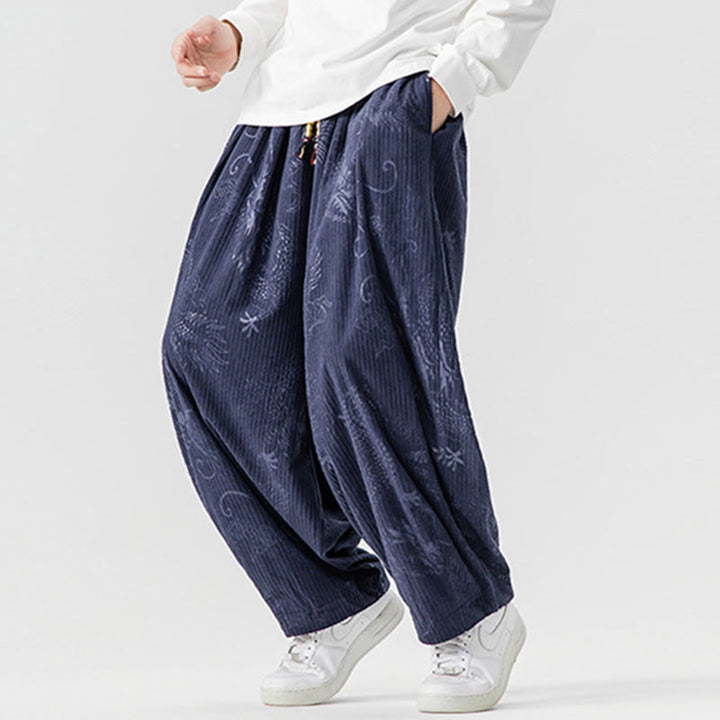 Pantaloni harem da uomo in velluto a coste di cotone con motivo drago fenice invernale Buddha Stones con tasche - image 22