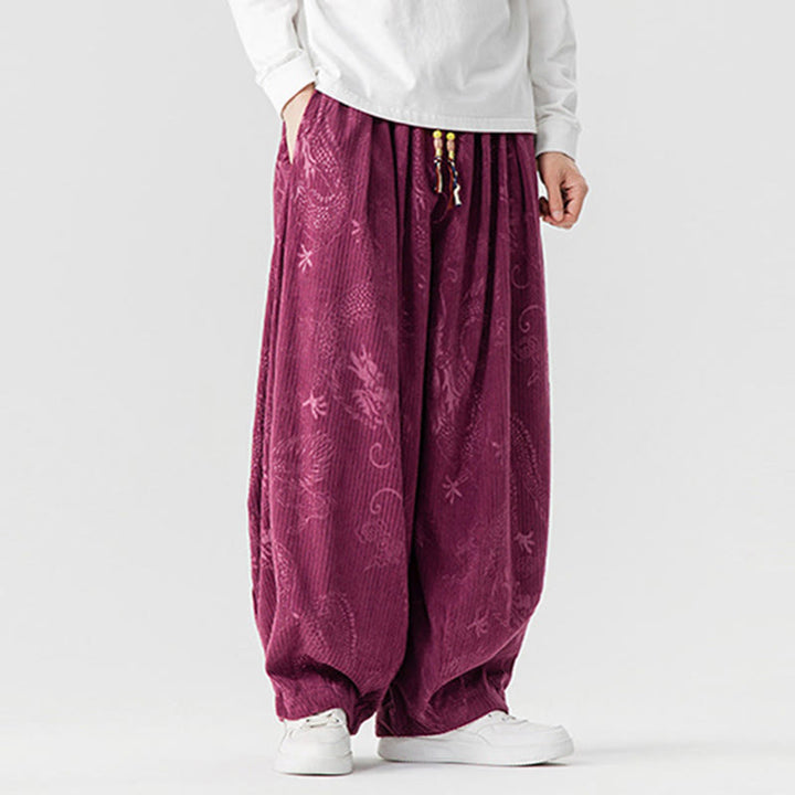 Pantaloni harem da uomo in velluto a coste di cotone con motivo drago fenice invernale Buddha Stones con tasche - image 12