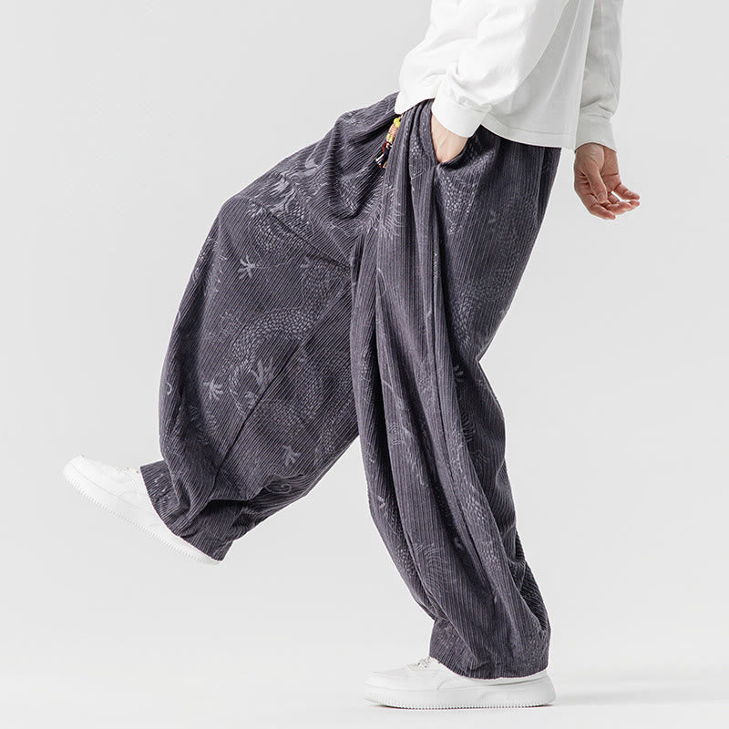 Pantaloni harem da uomo in velluto a coste di cotone con motivo drago fenice invernale Buddha Stones con tasche - image 30