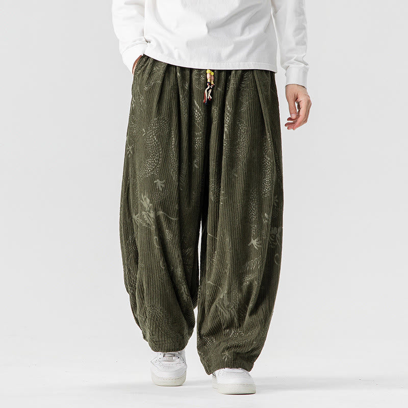Pantaloni harem da uomo in velluto a coste di cotone con motivo drago fenice invernale Buddha Stones con tasche - image 0
