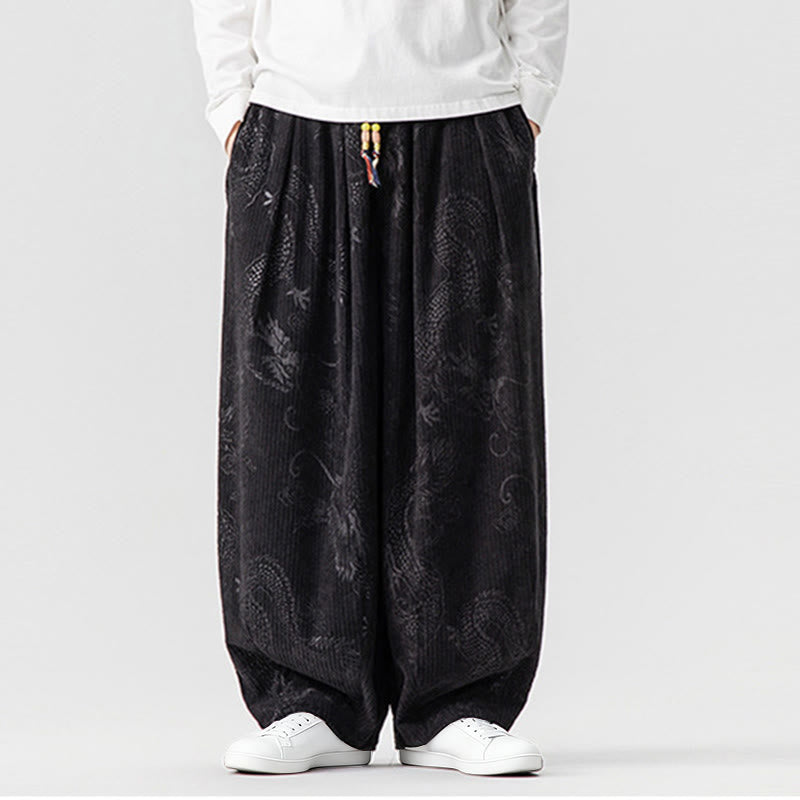 Pantaloni harem da uomo in velluto a coste di cotone con motivo drago fenice invernale Buddha Stones con tasche - Nero - US/UK/AU46, EU56 (5XL) - image 31