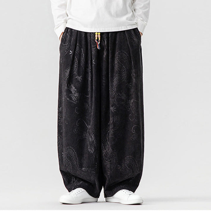 Pantaloni harem da uomo in velluto a coste di cotone con motivo drago fenice invernale Buddha Stones con tasche - Nero - US/UK/AU46, EU56 (5XL) - image 31