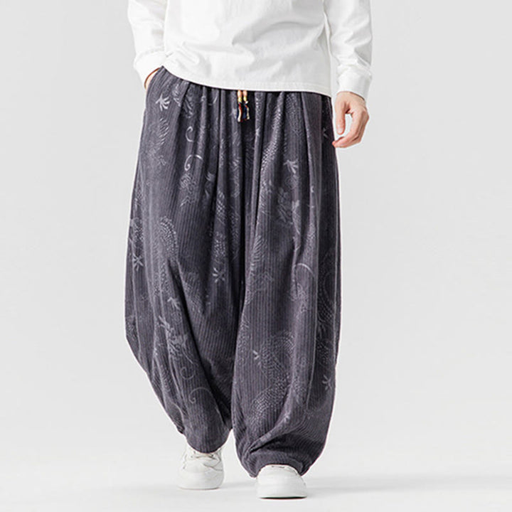 Pantaloni harem da uomo in velluto a coste di cotone con motivo drago fenice invernale Buddha Stones con tasche - image 25