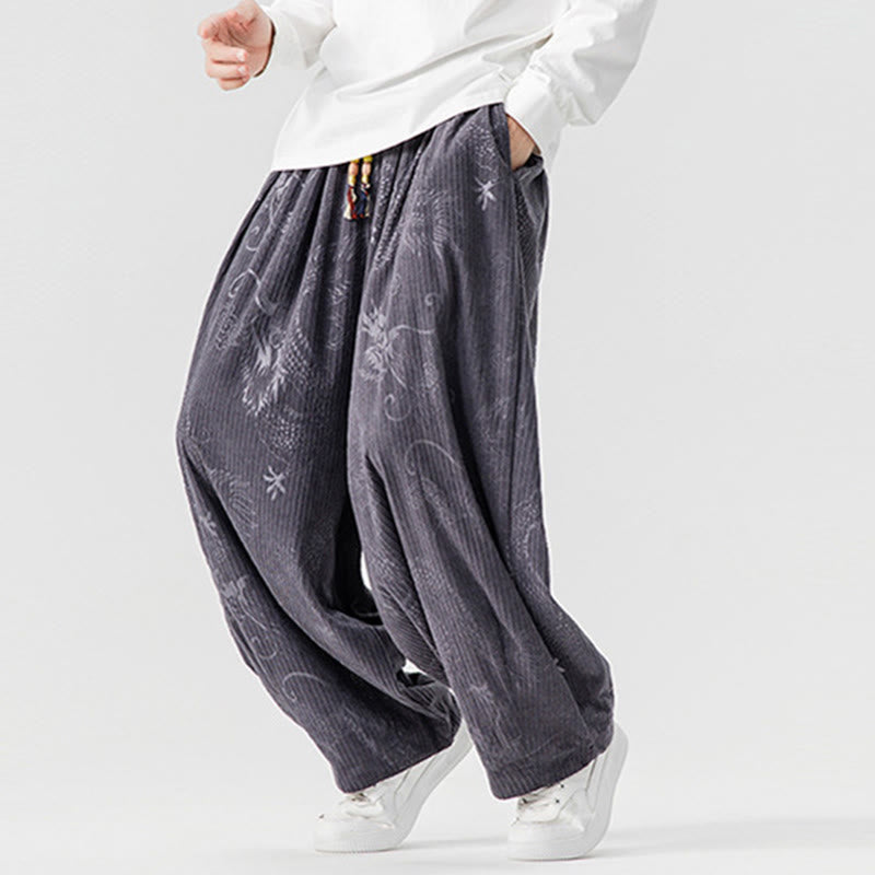 Pantaloni harem da uomo in velluto a coste di cotone con motivo drago fenice invernale Buddha Stones con tasche - image 29
