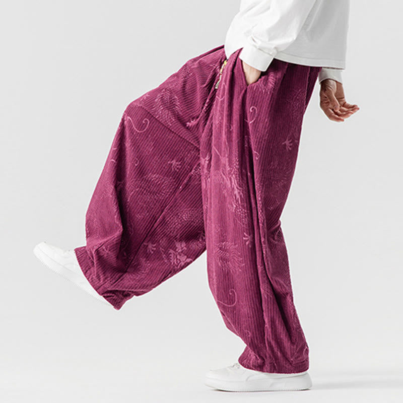 Pantaloni harem da uomo in velluto a coste di cotone con motivo drago fenice invernale Buddha Stones con tasche - image 15