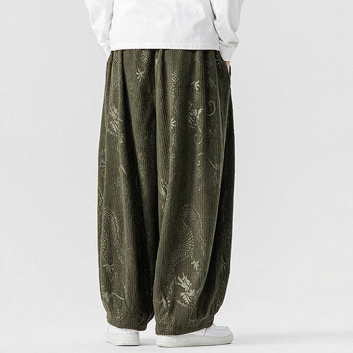 Pantaloni harem da uomo in velluto a coste di cotone con motivo drago fenice invernale Buddha Stones con tasche - image 3