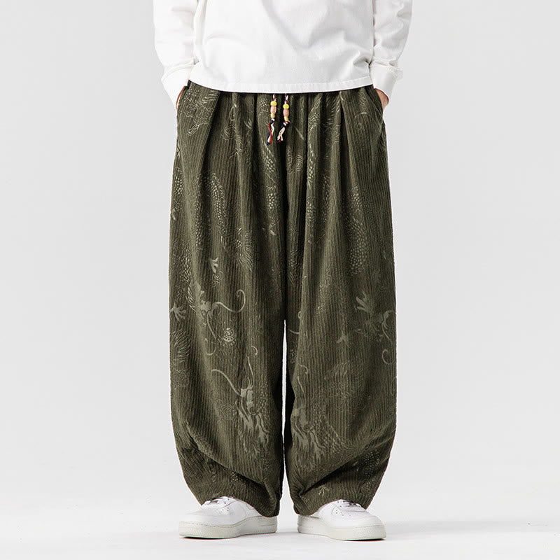 Pantaloni harem da uomo in velluto a coste di cotone con motivo drago fenice invernale Buddha Stones con tasche - Verde oliva scuro - US/UK/AU46, EU56 (5XL) - image 1