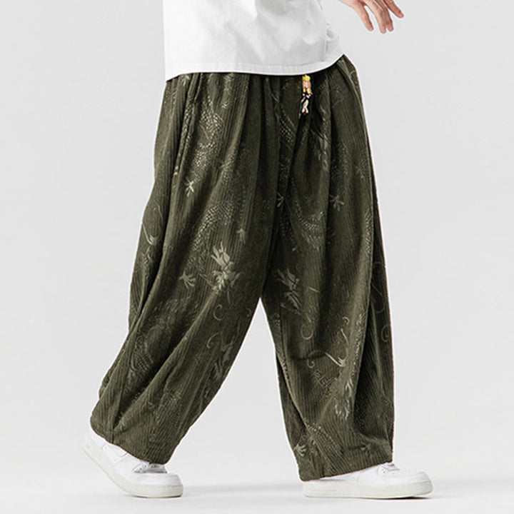 Pantaloni harem da uomo in velluto a coste di cotone con motivo drago fenice invernale Buddha Stones con tasche - image 5