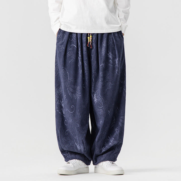 Pantaloni harem da uomo in velluto a coste di cotone con motivo drago fenice invernale Buddha Stones con tasche - Blu ardesia scuro - US/UK/AU46, EU56 (5XL) - image 16