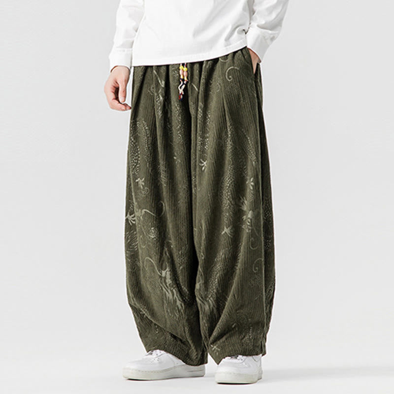 Pantaloni harem da uomo in velluto a coste di cotone con motivo drago fenice invernale Buddha Stones con tasche - image 2
