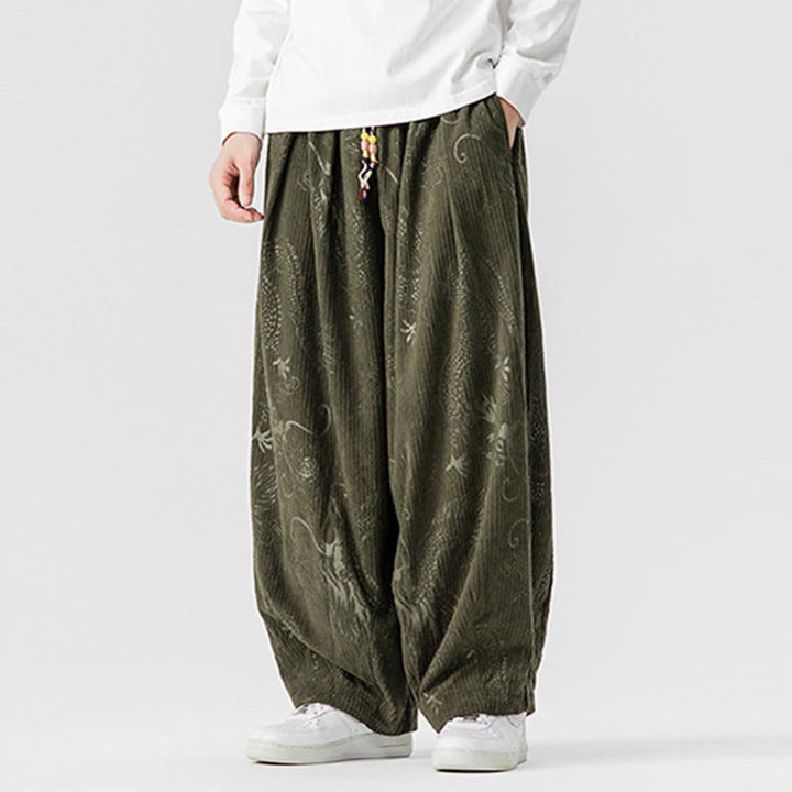 Pantaloni harem da uomo in velluto a coste di cotone con motivo drago fenice invernale Buddha Stones con tasche - image 2